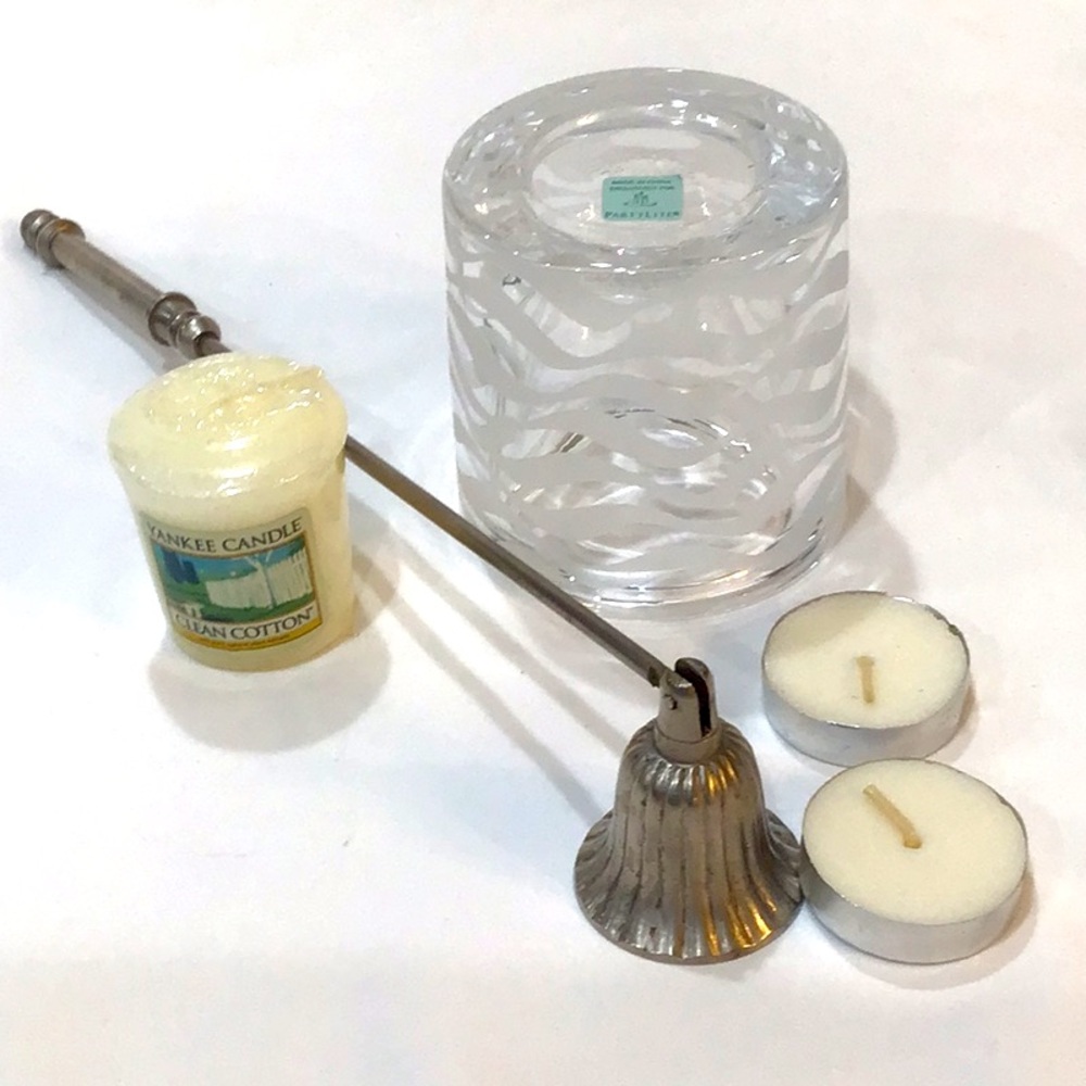 Partylite votive candle holder, silver snuffer, candle lot